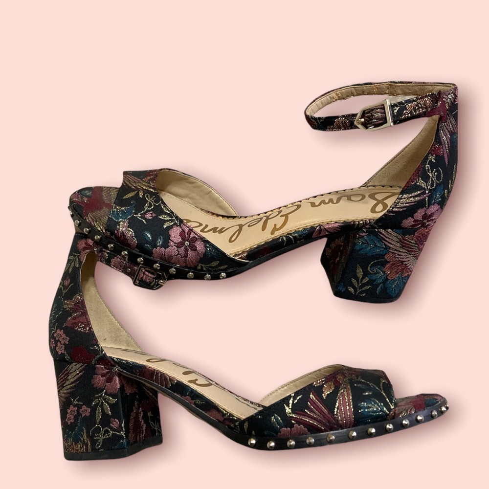 Sam Edelman Floral Block Heel Sandals - Black and Pink